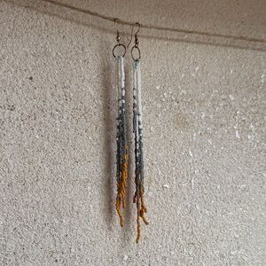 Beaded Fringe Dangle Earrings in White, Gray & Mustard